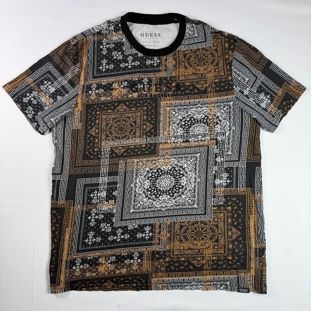 Guess Mens XL Bandana Patchwork Baroque Print T-Shirt Black Gold Embroidered